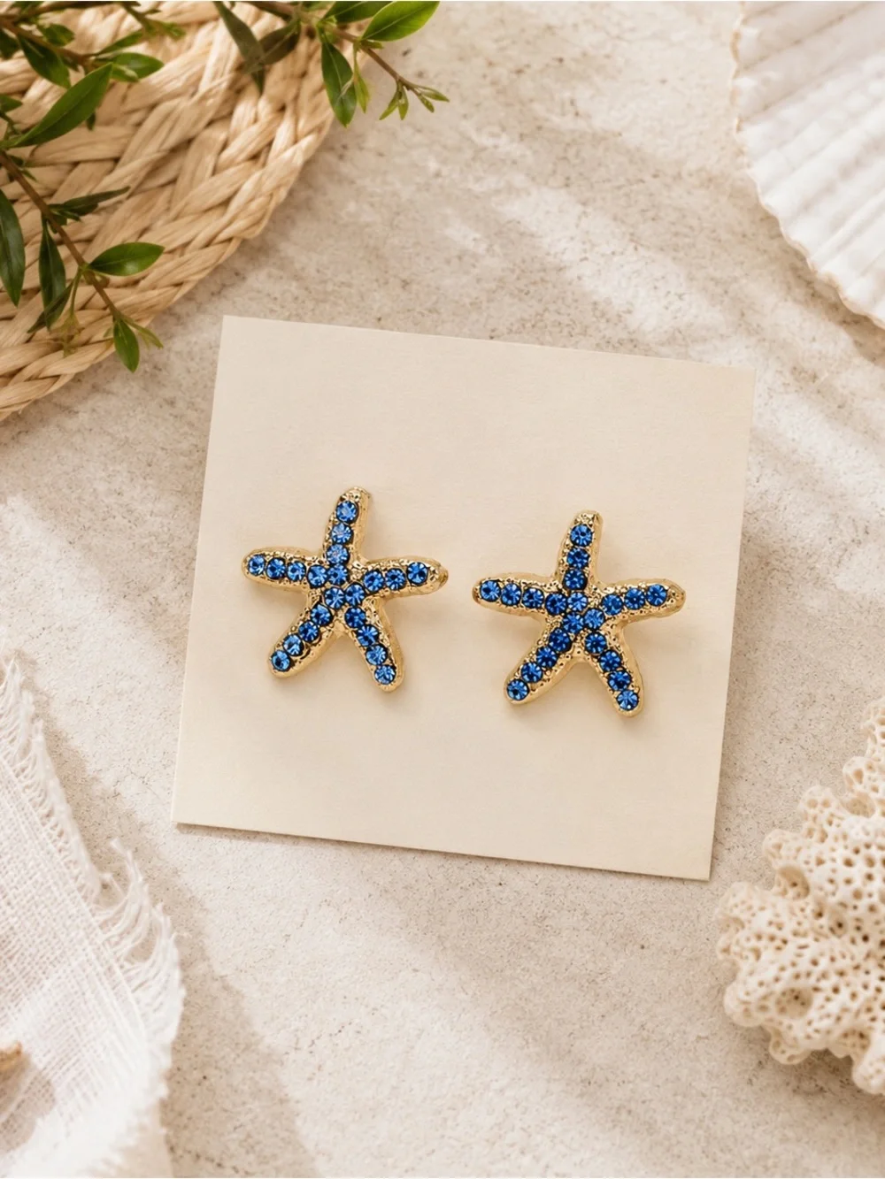 Boutique Blue Crystal Starfish Stud Earrings | Gold Coastal Beach Jewelry